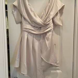 Lulus Always Celebrating Ivory Satin Off-the-Shoulder Mini Dress sz Lg